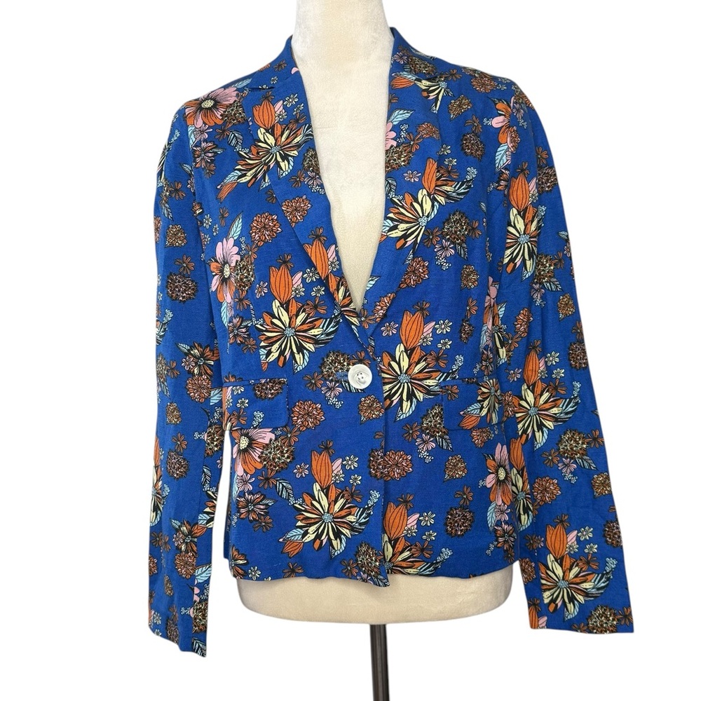 Modcloth Linen Floral Blue Blazer Size Small Botanical Long Sleeve - Picture 1 of 6